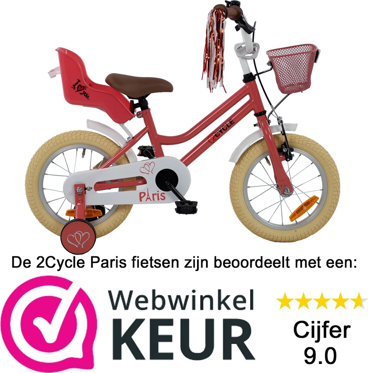2Cycle Paris Meisjesfiets - 14 Inch - Roze-Wit - Met Poppenzitje - Meisjesfiets - Afbeelding 2