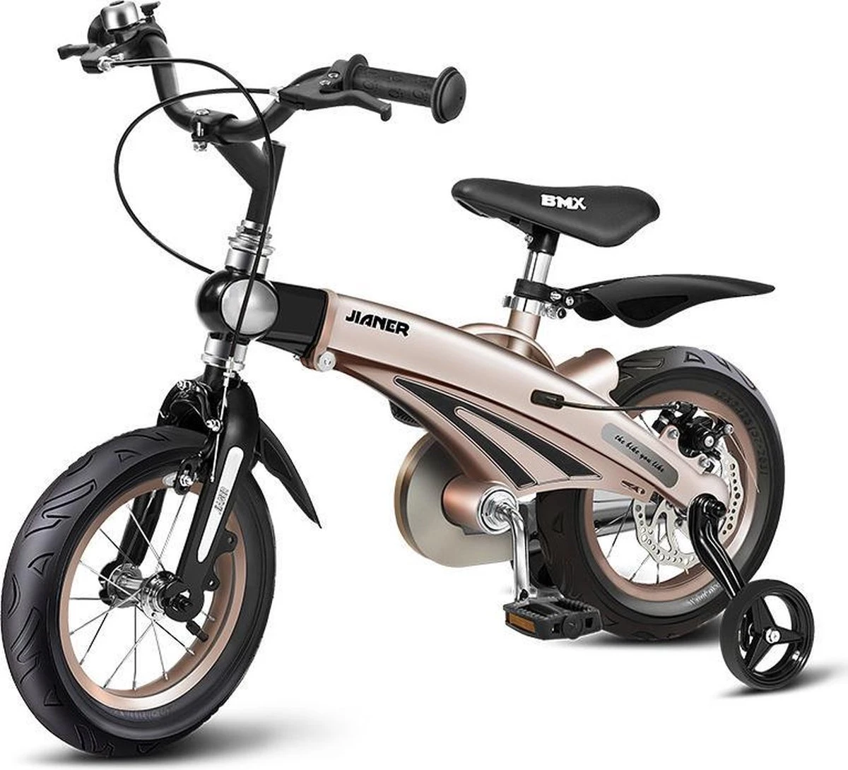 Merkloos Kinderfiets Metallic Taupe Goud Met Zijwieltjes 16 Inch | Handremmen | Jongens | Meisje | Cadeau | Sinterklaas | Kerst | Verjaardag | Peuter | Kleuter | Driewieler | Gepersonaliseerd - Afbeelding 2