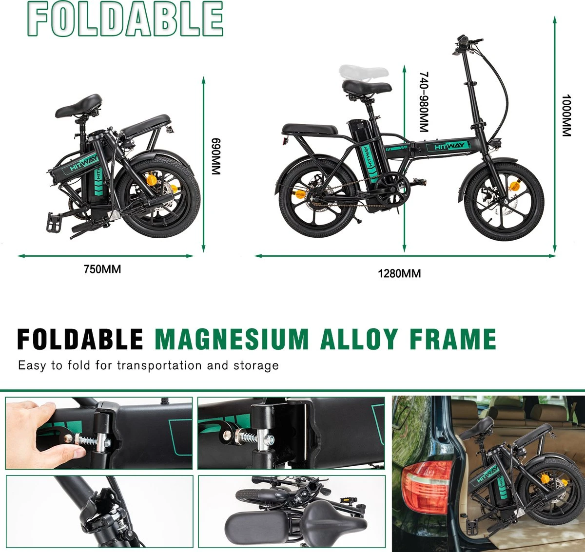 Hitway Elektrische Fiets | Opvouwbare E-bike | 16 Inch | 250W Motor | Zwart - Afbeelding 6