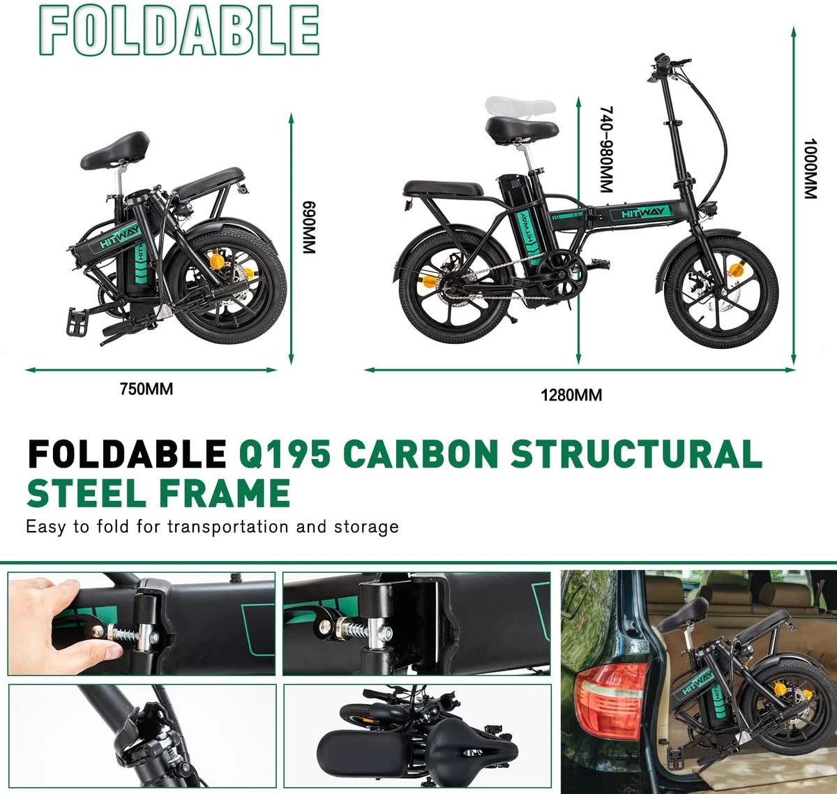 HITWAY Elektrische Fiets Voor, Stadsfietsen Opvouwbaar, E-BIKE, 7.5Ah Batterij, 250W Motor, Actieradius Tot 45 Km - BK5 - Afbeelding 7