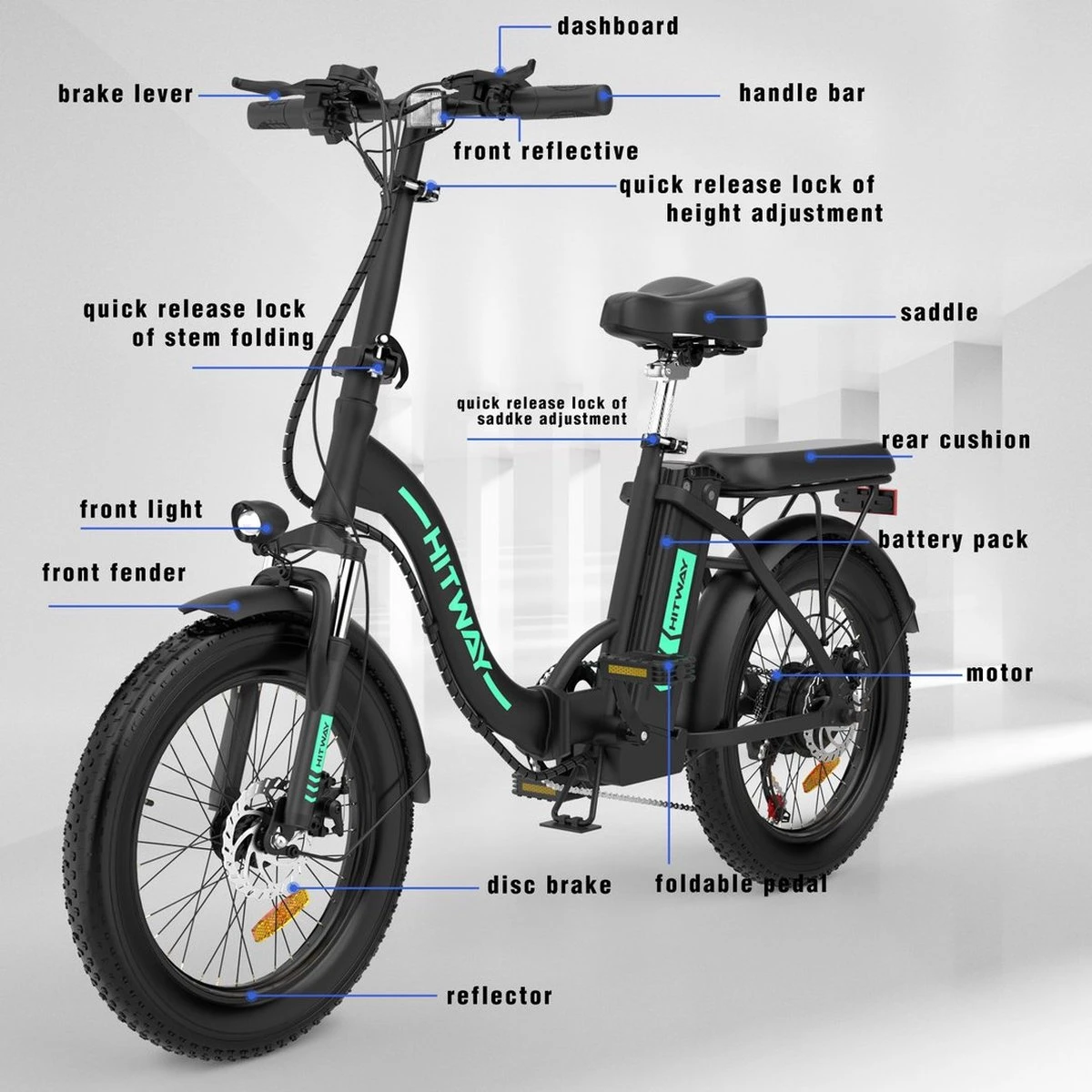 HITWAY E-bike Elektrische Fiets 20" Vouwfiets Met Dikke Banden, 250W/36V/11,2Ah Accu, 35-90 Km, Offroad-mountainbike Met Shimano 7 Versnellingen, CityBike Voor Heren En Dames - Afbeelding 3
