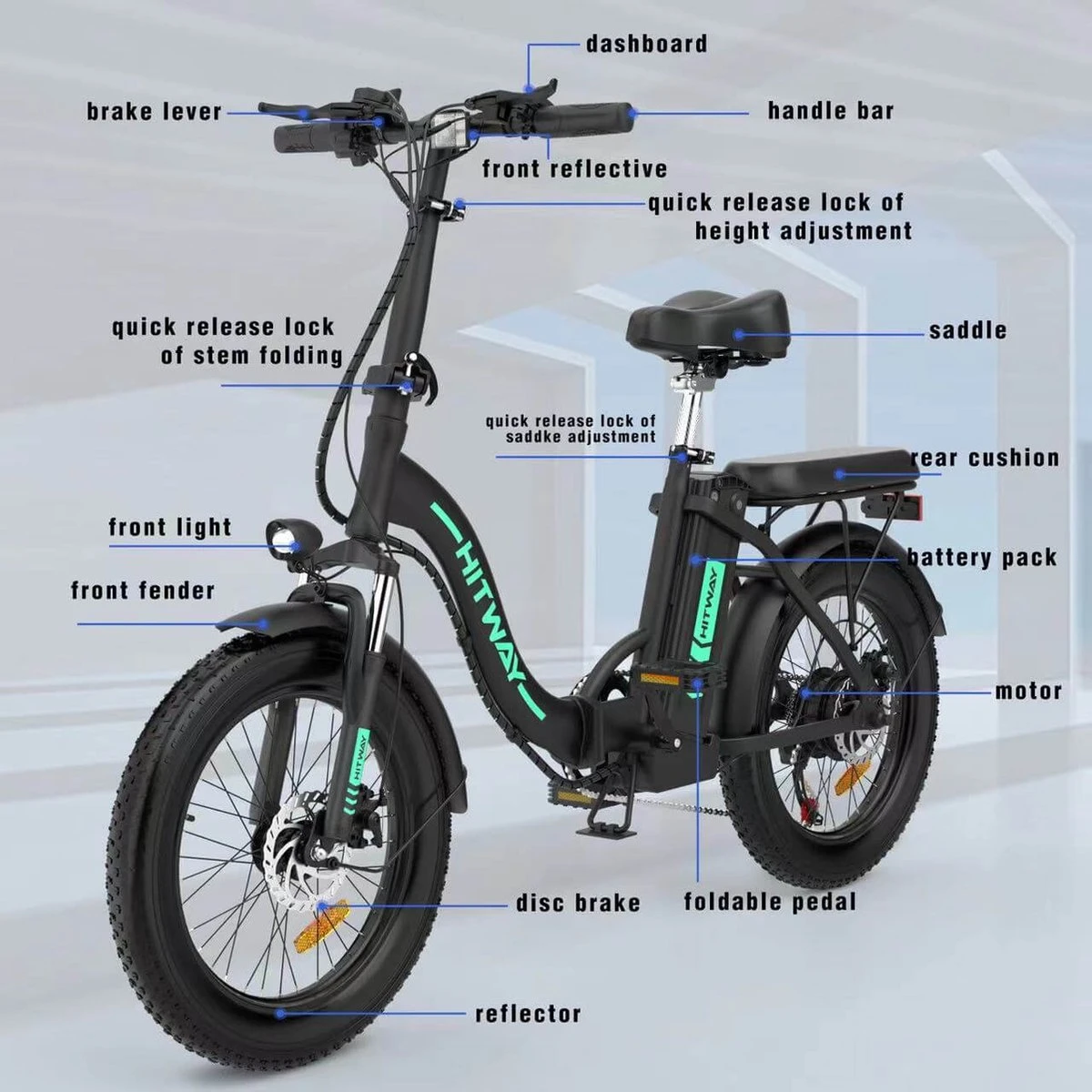 HITWAY E Bike Elektrische Fiets 20 Inch Dikke Band Opvouwbare Elektrische Fiets, 250W/36V/11,2Ah Batterij, Max. Bereik Tot 35-90km, Off-road Mountainbike Met Shimano 7 Versnellingen, Stad EBike Heren Dames - Afbeelding 5