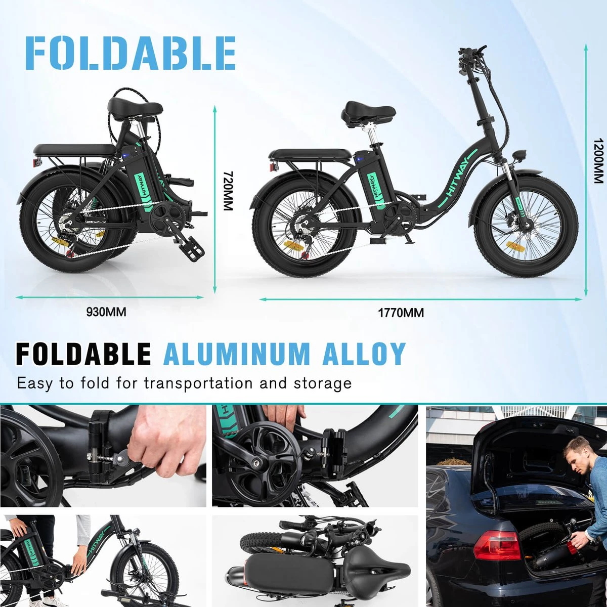 HITWAY E Bike Elektrische Fiets 20 Inch Dikke Band Opvouwbare Elektrische Fiets, 250W/36V/11,2Ah Batterij, Max. Bereik Tot 35-90km, Off-road Mountainbike Met Shimano 7 Versnellingen, Stad EBike Heren Dames - Afbeelding 6