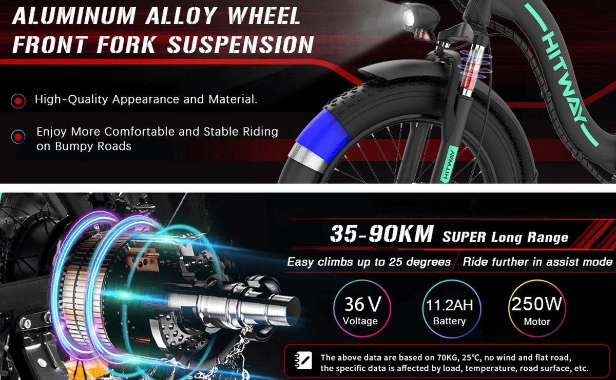 HITWAY E-bike Elektrische Fiets 20" Vouwfiets Met Dikke Banden, 250W/36V/11,2Ah Accu, 35-90 Km, Offroad-mountainbike Met Shimano 7 Versnellingen, CityBike Voor Heren En Dames - Afbeelding 6